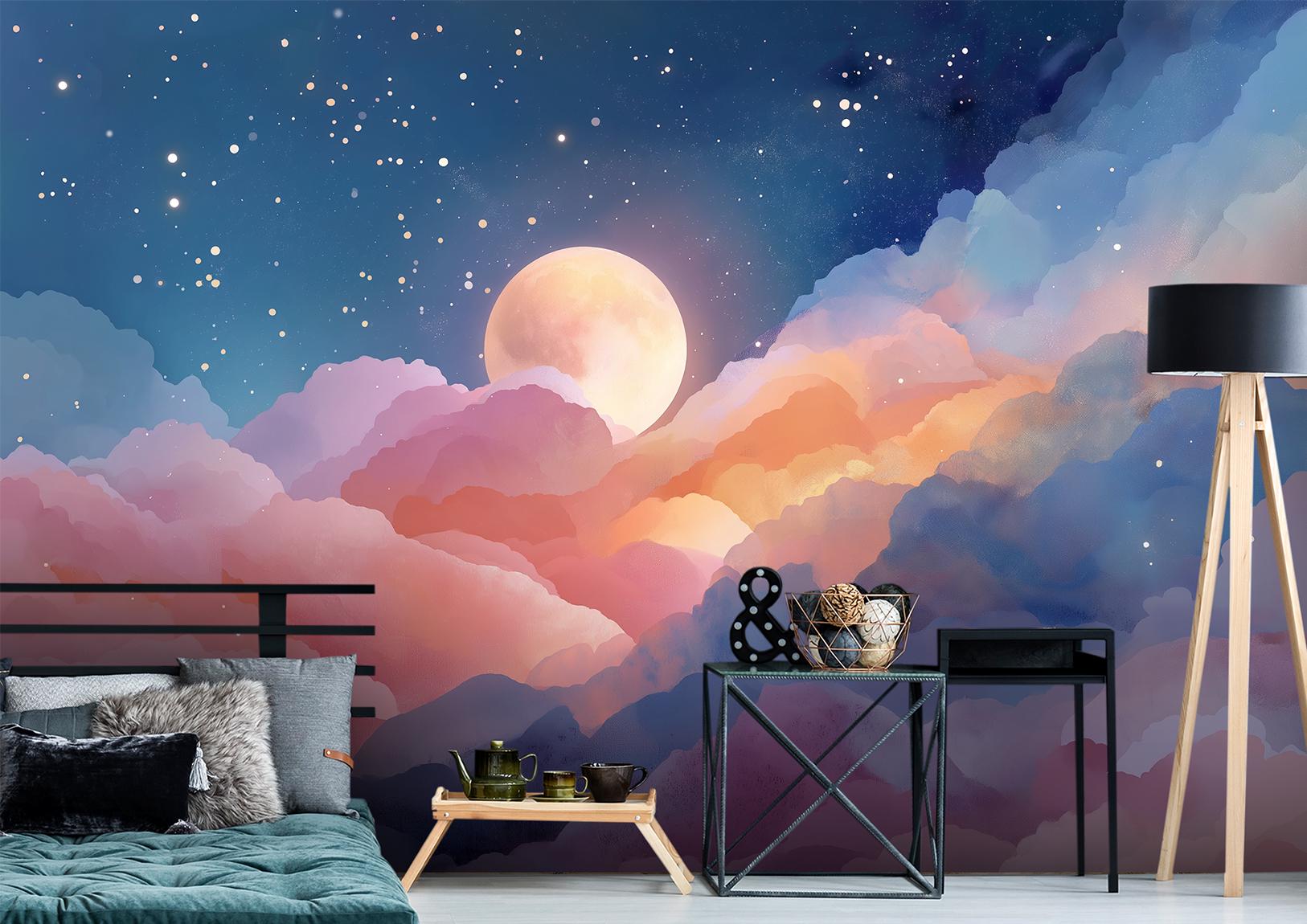Celestial Clouds Full Moon Geometric Wallpaper – lifestyle view, Golden Era Walls
