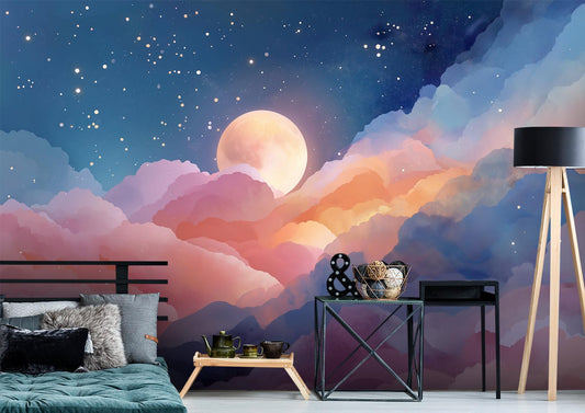 Celestial Clouds Full Moon Geometric Wallpaper – lifestyle view, Golden Era Walls