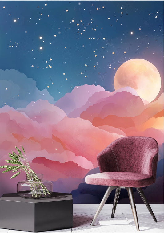 Celestial Clouds Full Moon Geometric Wallpaper – peel and stick wallpaper mural, Golden Era Walls