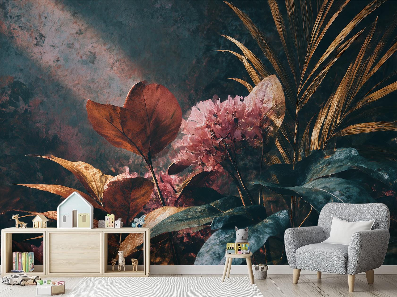 Chiaroscuro Botanical Dramatic Golden Floral Wallpaper – alternate view, Golden Era Walls