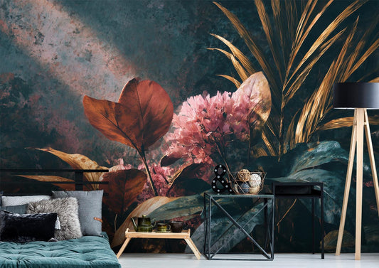 Chiaroscuro Botanical Dramatic Golden Floral Wallpaper wallpaper mural, peel and stick removable, Golden Era Walls