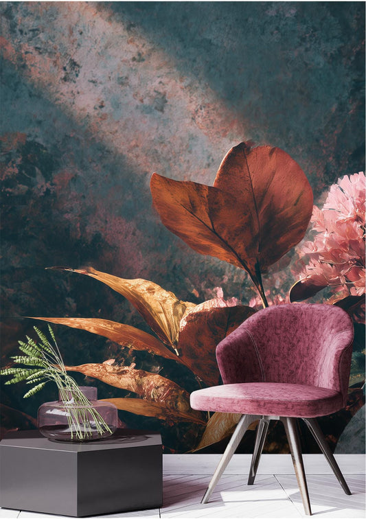 Chiaroscuro Botanical Dramatic Golden Floral Wallpaper wallpaper mural, close-up, Golden Era Walls