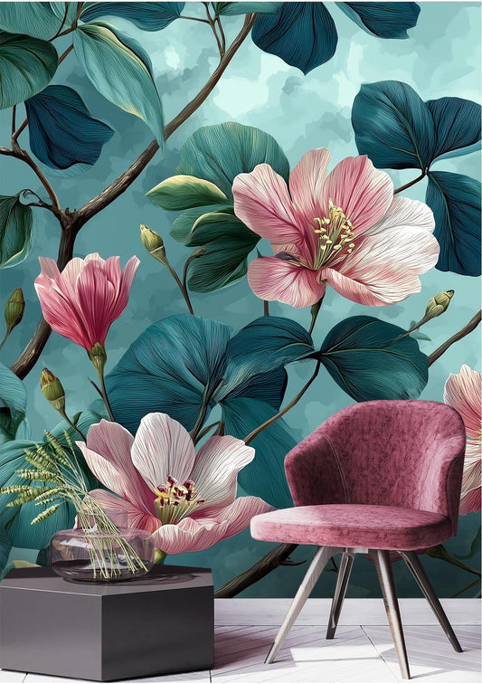 Chinoiserie Botanical Teal Leaves Floral Wallpaper – peel and stick wallpaper mural, Golden Era Walls