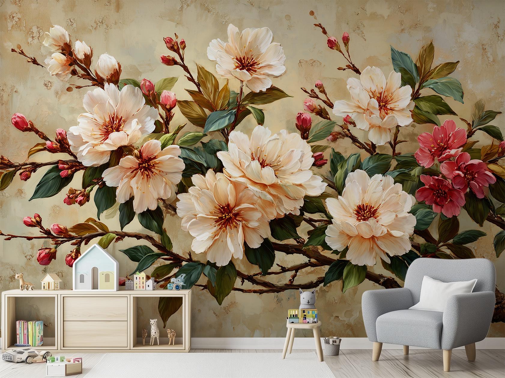 Classic Botanical Elegant Cherry Floral Wallpaper – alternate view, Golden Era Walls