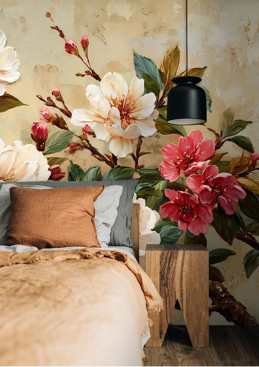 Classic Botanical Elegant Cherry Floral Wallpaper – detail view, Golden Era Walls