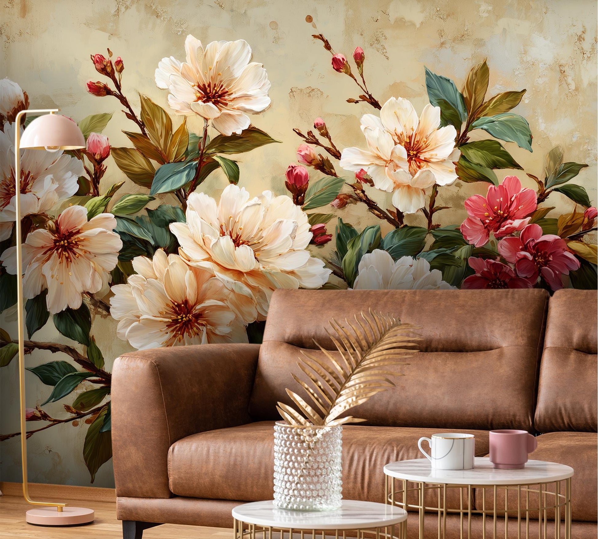 Classic Botanical Elegant Cherry Floral Wallpaper – lifestyle view, Golden Era Walls