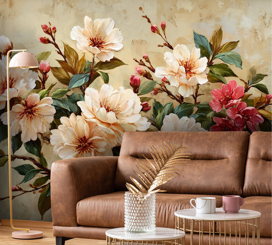 Classic Botanical Elegant Cherry Floral Wallpaper – lifestyle view, Golden Era Walls
