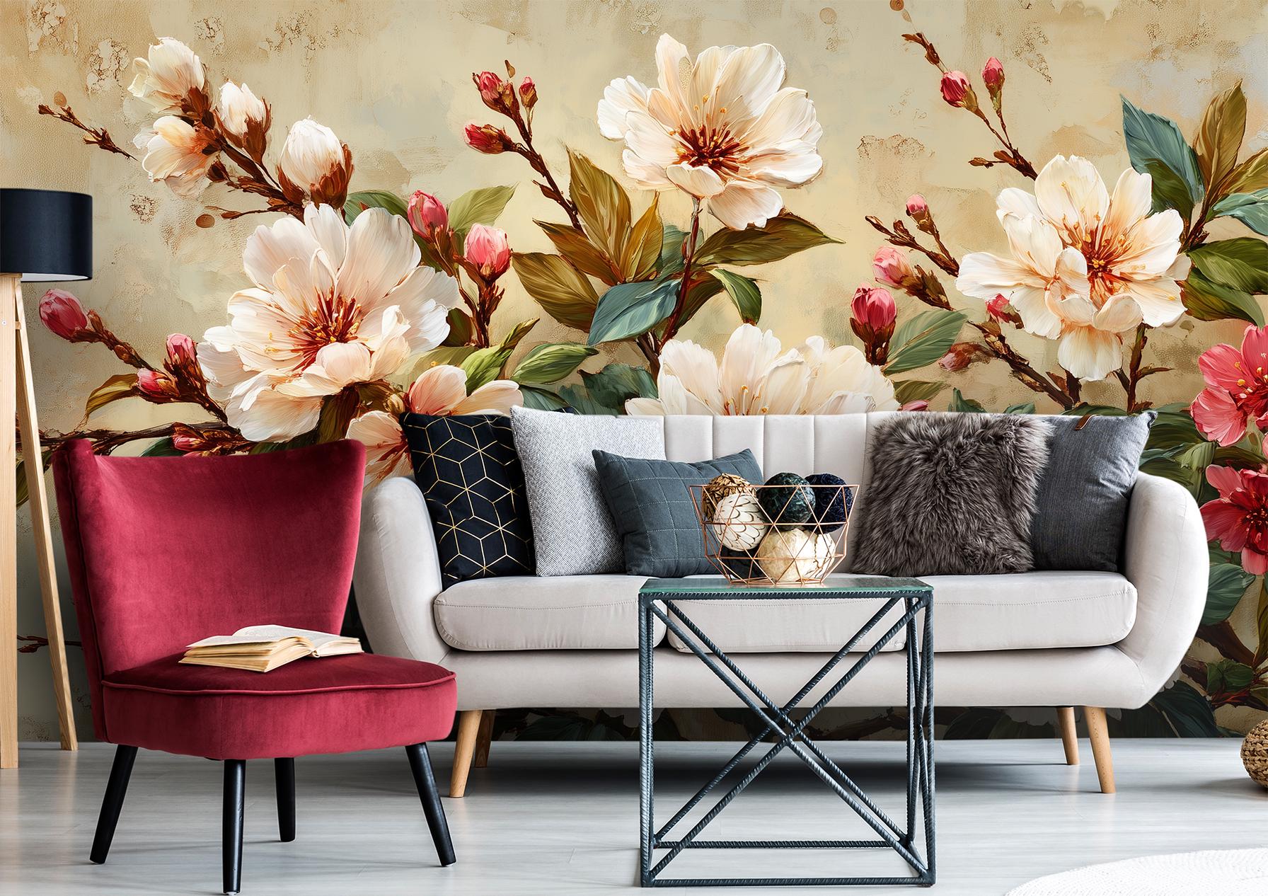 Classic Botanical Elegant Cherry Floral Wallpaper – scale reference, Golden Era Walls