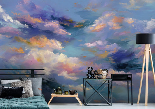 Cloud Soft Pastel Sky Geometric Wallpaper – lifestyle view, Golden Era Walls