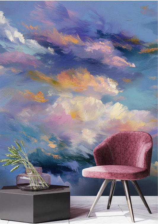Cloud Soft Pastel Sky Geometric Wallpaper – room setting, Golden Era Walls