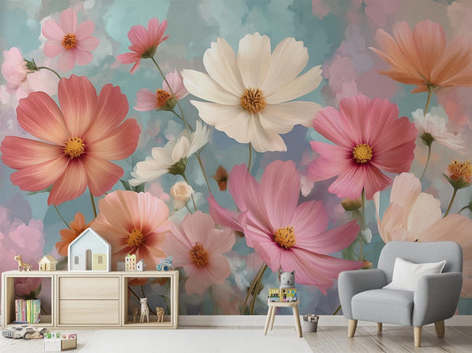 Cosmos Flower Renter Friendly Floral Wallpaper – room setting, Golden Era Walls