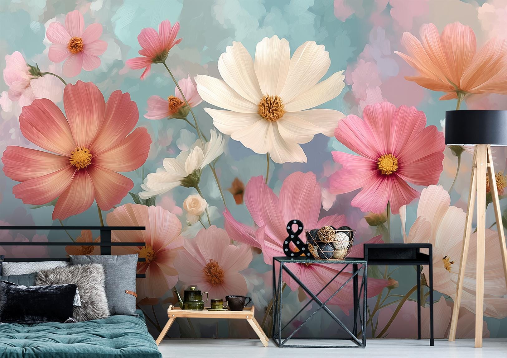 Cosmos Flower Renter Friendly Floral Wallpaper – lifestyle view, Golden Era Walls