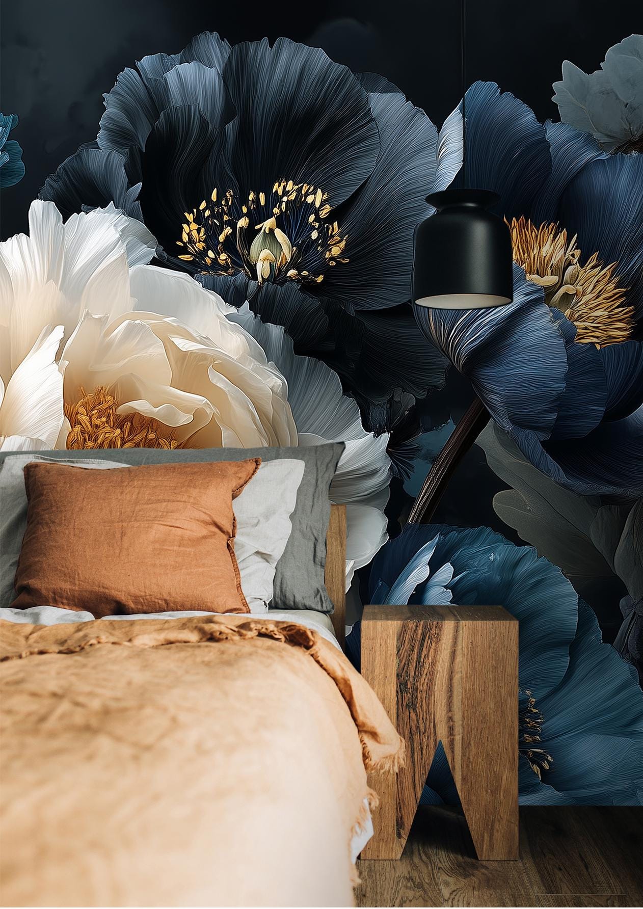 Dark Blue Floral Elegant Floral Wallpaper – lifestyle view, Golden Era Walls