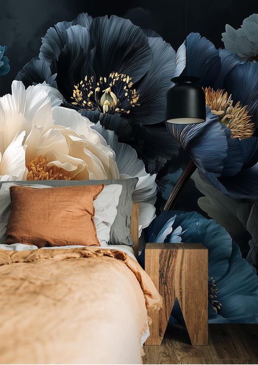 Dark Blue Floral Elegant Floral Wallpaper wallpaper mural, detail view, Golden Era Walls