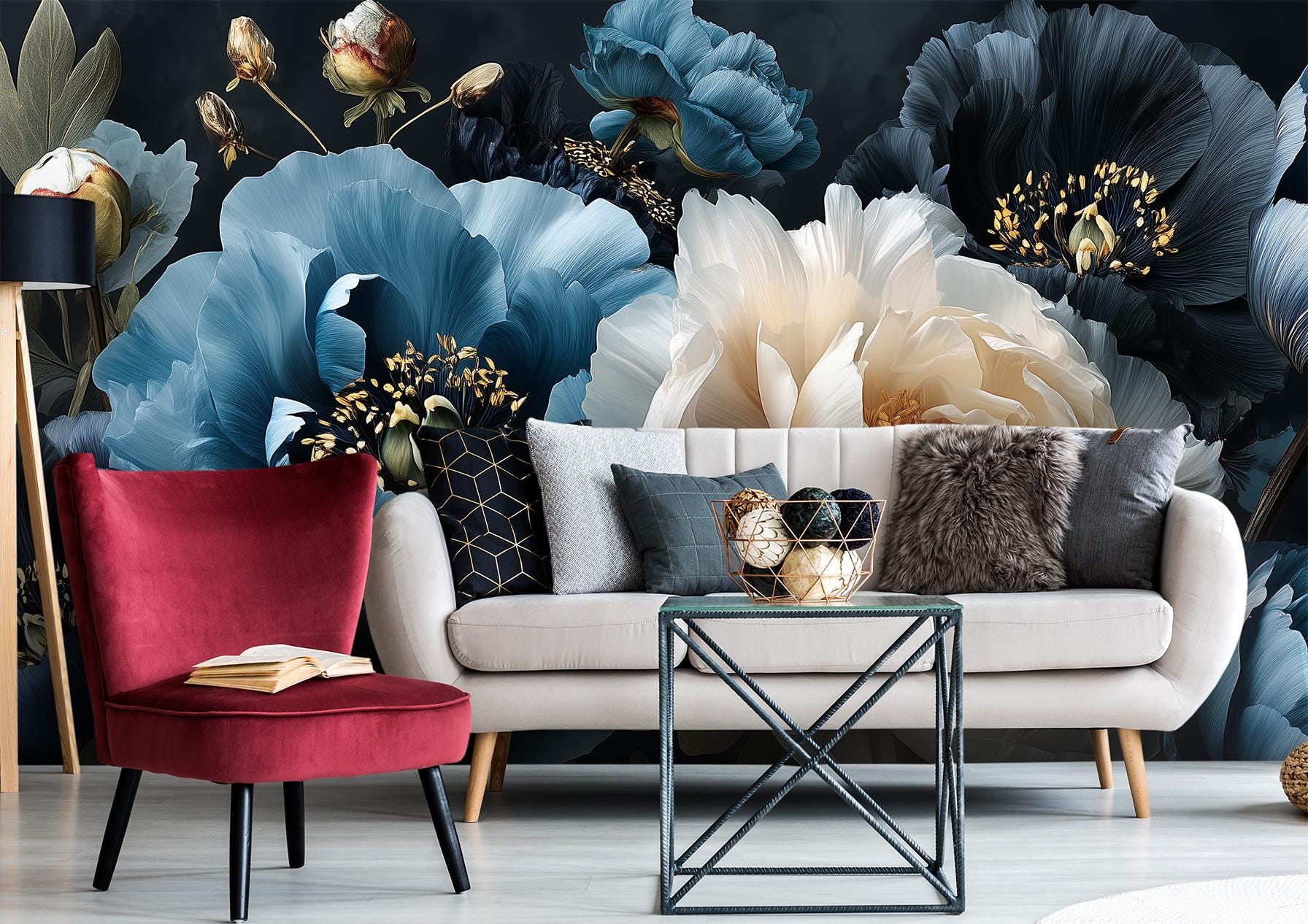 Dark Blue Floral Elegant Floral Wallpaper – alternate view, Golden Era Walls