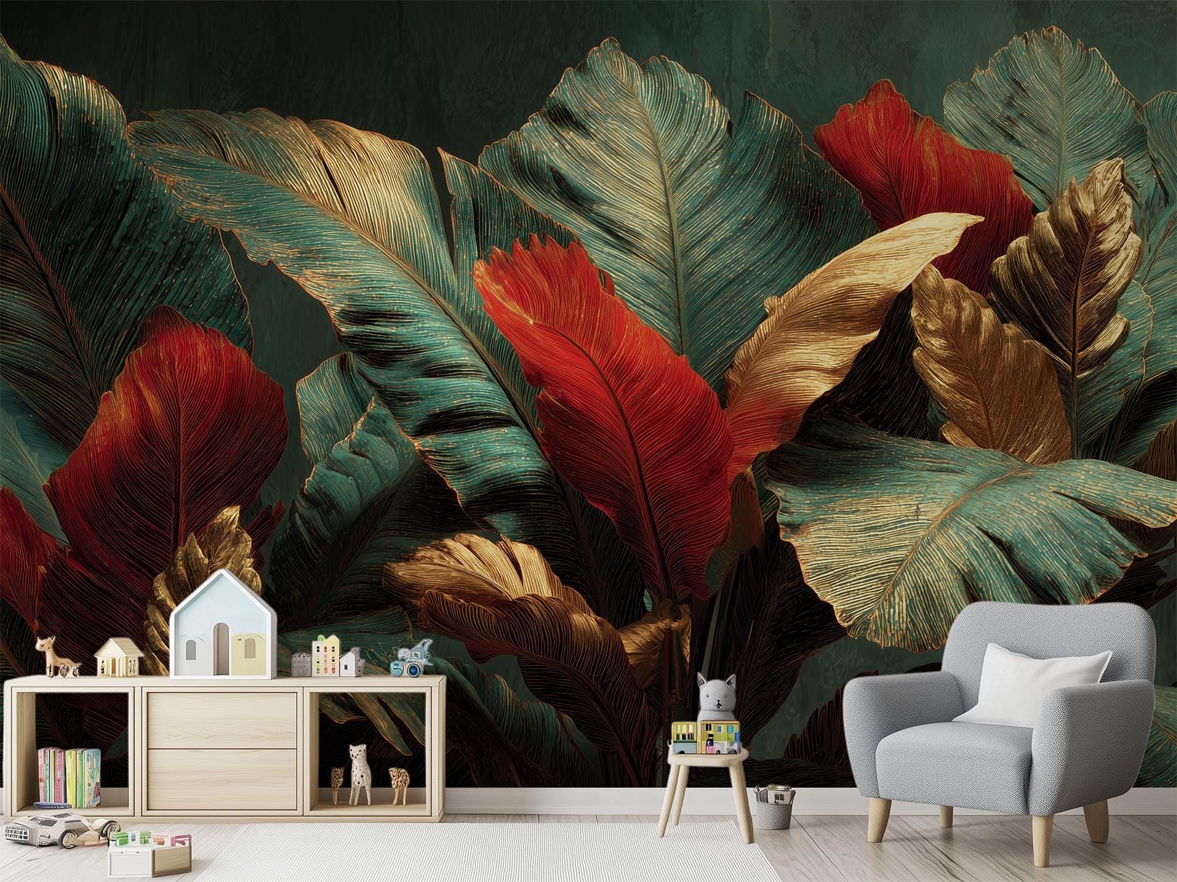 Dark Botanical Tropical Leaves Floral Wallpaper – alternate view, Golden Era Walls