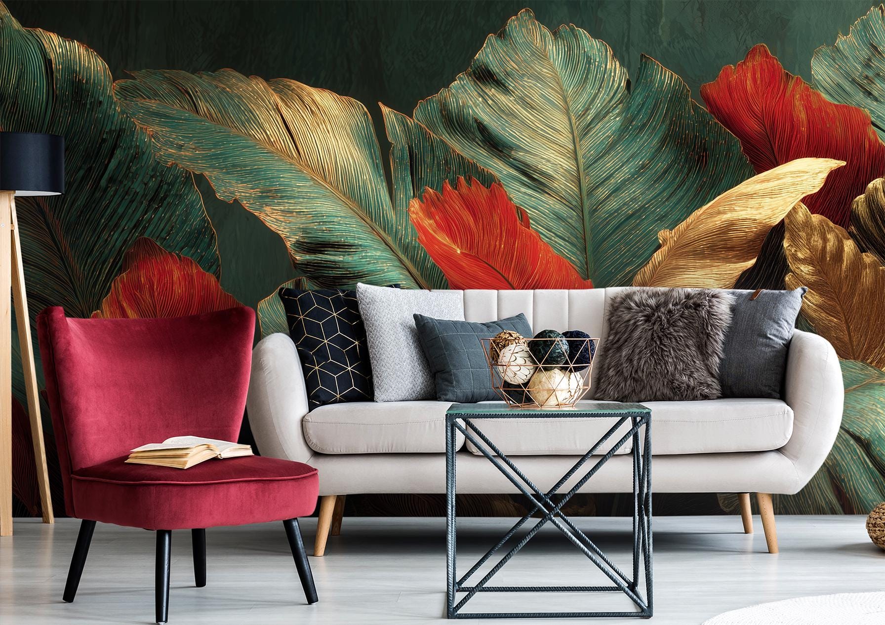 Dark Botanical Tropical Leaves Floral Wallpaper – scale reference, Golden Era Walls