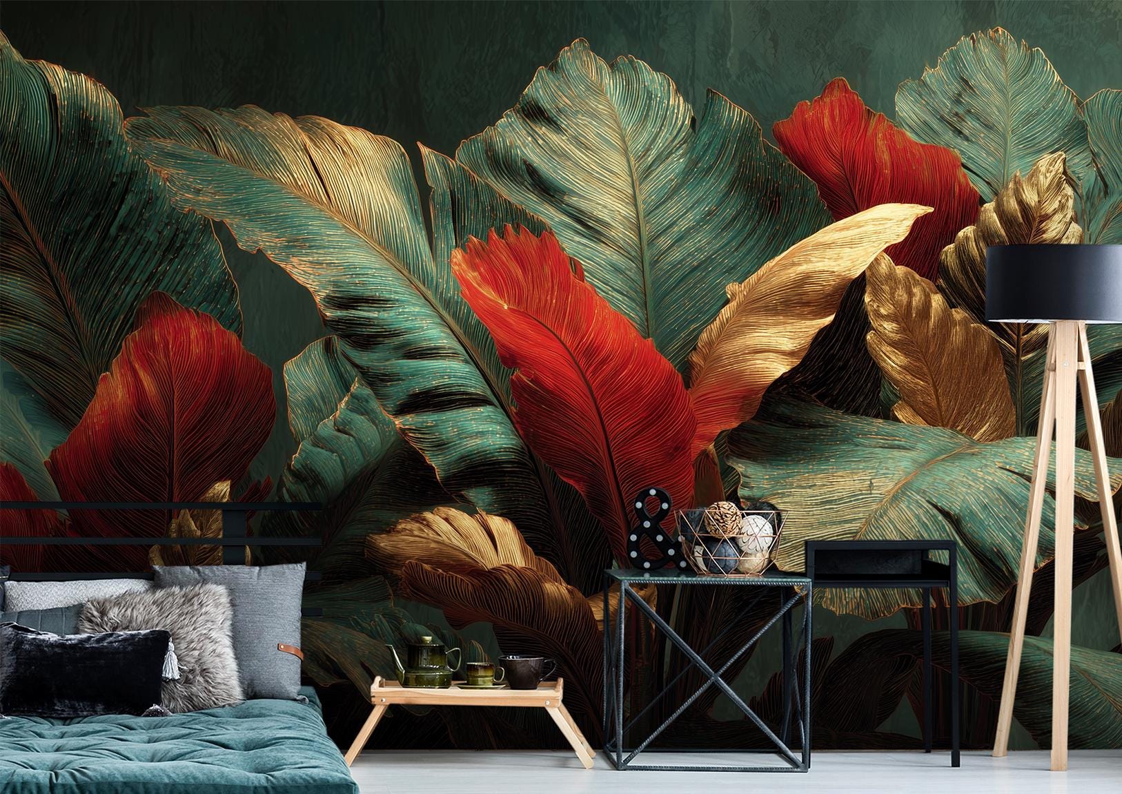Dark Botanical Tropical Leaves Floral Wallpaper – room setting, Golden Era Walls