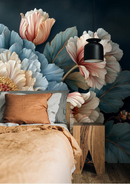 Dark Floral Peony Moody Floral Wallpaper – detail view, Golden Era Walls