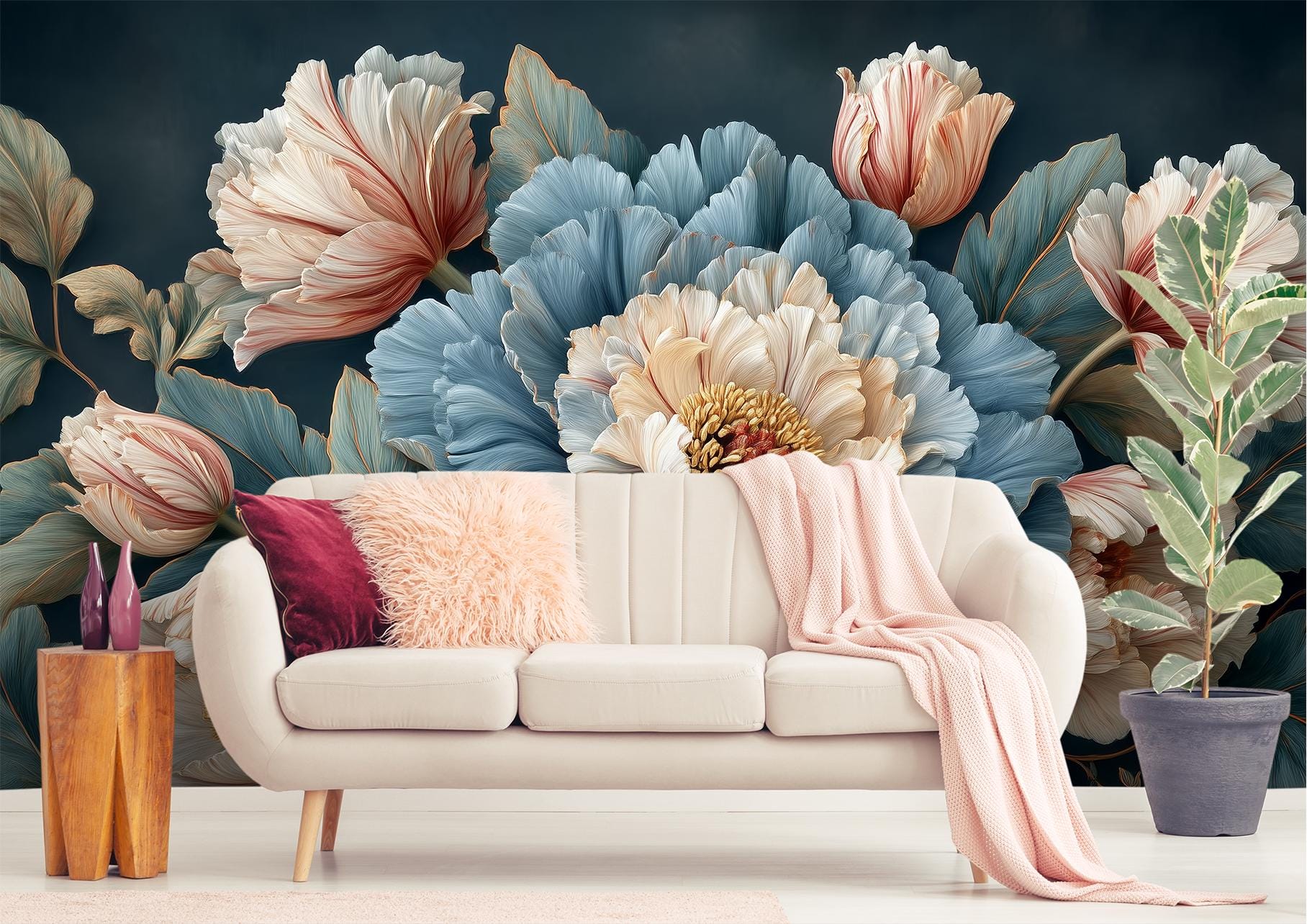 Dark Floral Peony Moody Floral Wallpaper – alternate view, Golden Era Walls