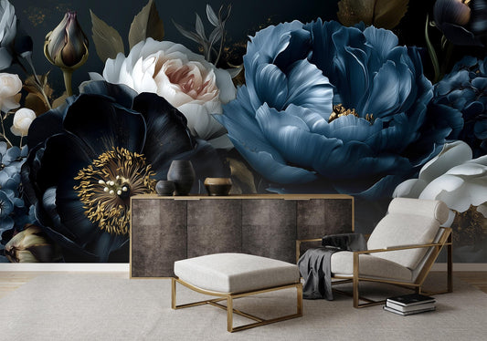 Dark Floral Peony Moody Floral Wallpaper – peel and stick wallpaper mural, Golden Era Walls