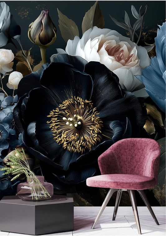 Dark Floral Peony Moody Floral Wallpaper – lifestyle view, Golden Era Walls