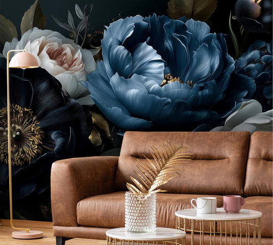 Dark Floral Peony Moody Floral Wallpaper – detail view, Golden Era Walls