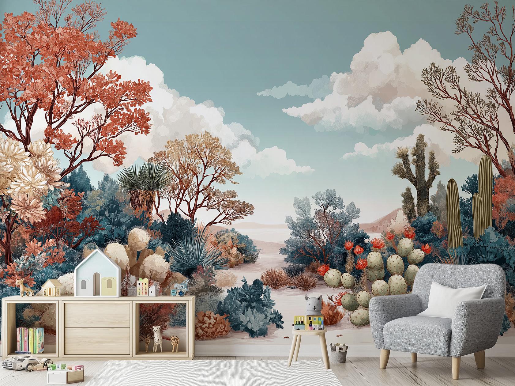 Desert Cactus Or Pre Floral Wallpaper – room setting, Golden Era Walls