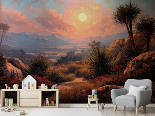 Desert Sunset Landscape Southwestern Wallpaper – lifestyle view, Golden Era Walls