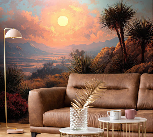Desert Sunset Landscape Southwestern Wallpaper – peel and stick wallpaper mural, Golden Era Walls