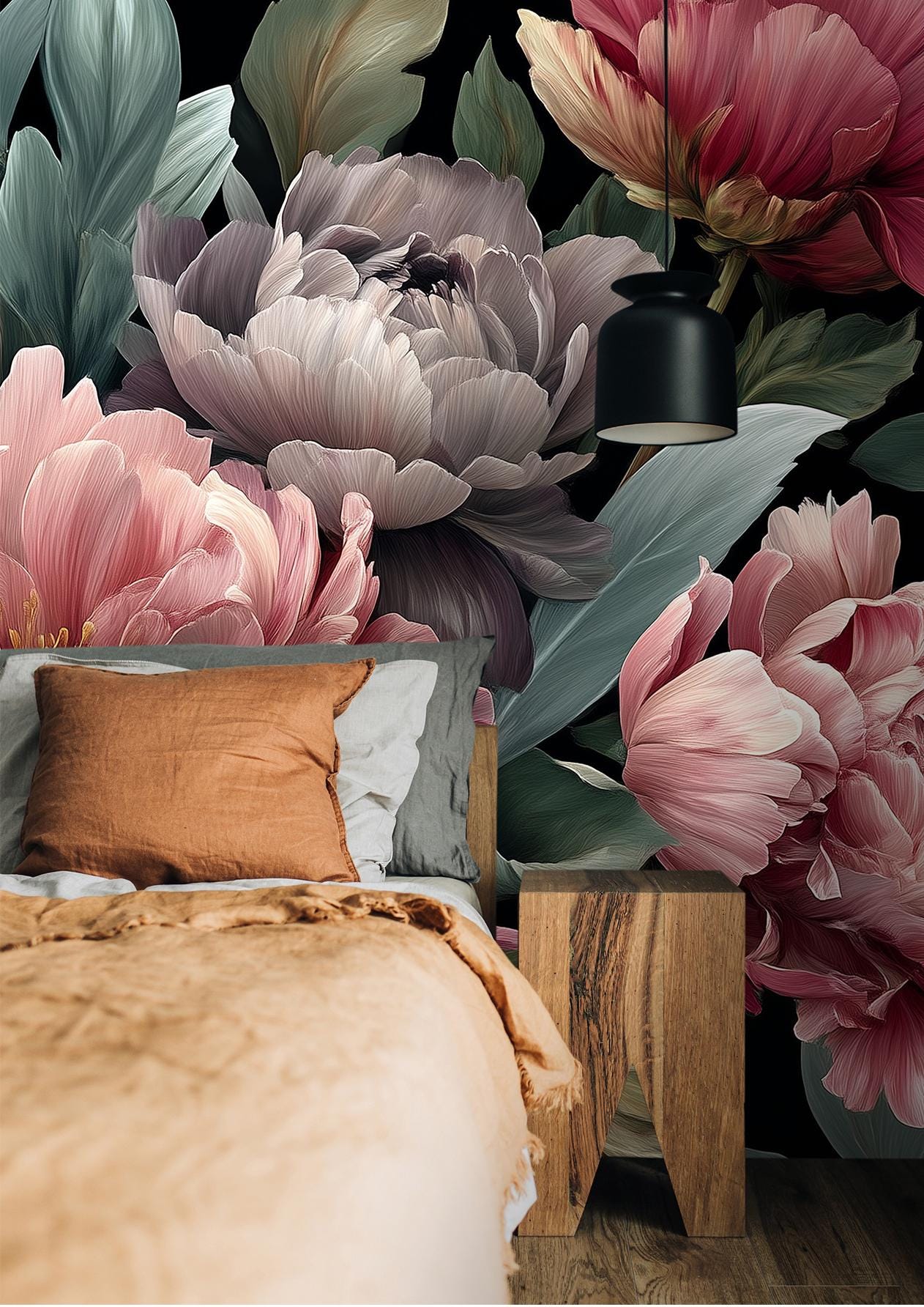 Elegant Dark Floral Oversized Floral Wallpaper – lifestyle view, Golden Era Walls