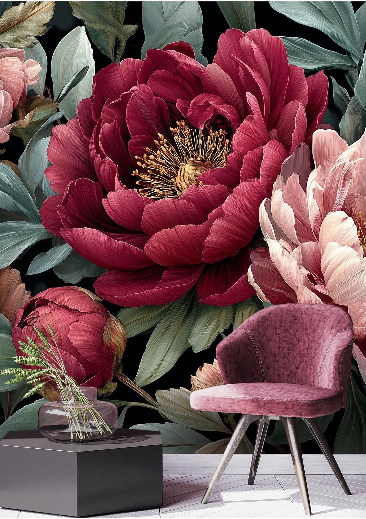 Elegant Dark Floral Oversized Floral Wallpaper – peel and stick wallpaper mural, Golden Era Walls