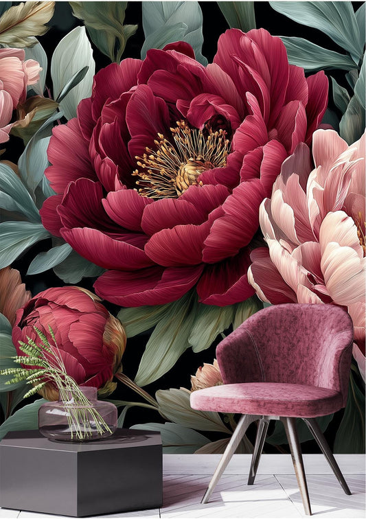 Elegant Dark Floral Oversized Floral Wallpaper – peel and stick wallpaper mural, Golden Era Walls