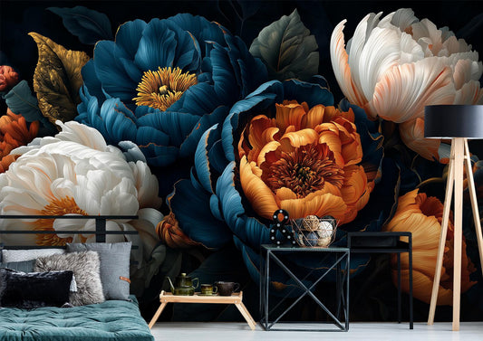 Elegant Night Garden Peony Floral Wallpaper – room setting, Golden Era Walls