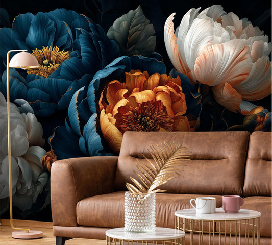 Elegant Night Garden Peony Floral Wallpaper – lifestyle view, Golden Era Walls