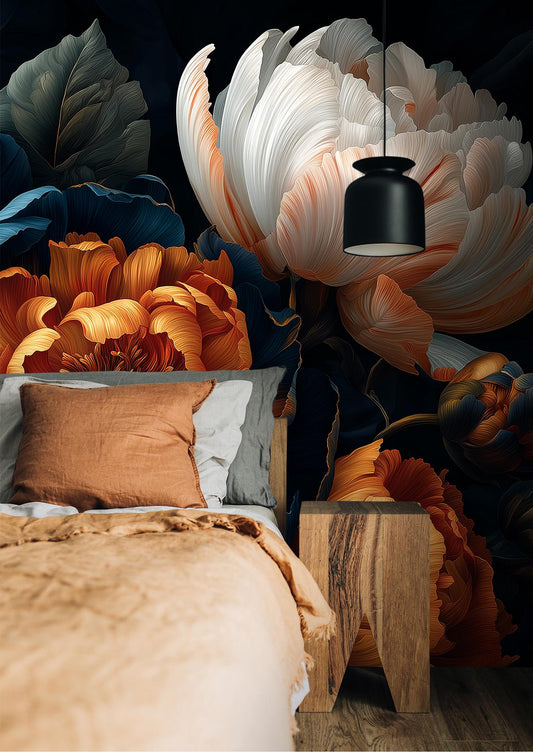 Elegant Night Garden Peony Floral Wallpaper – detail view, Golden Era Walls