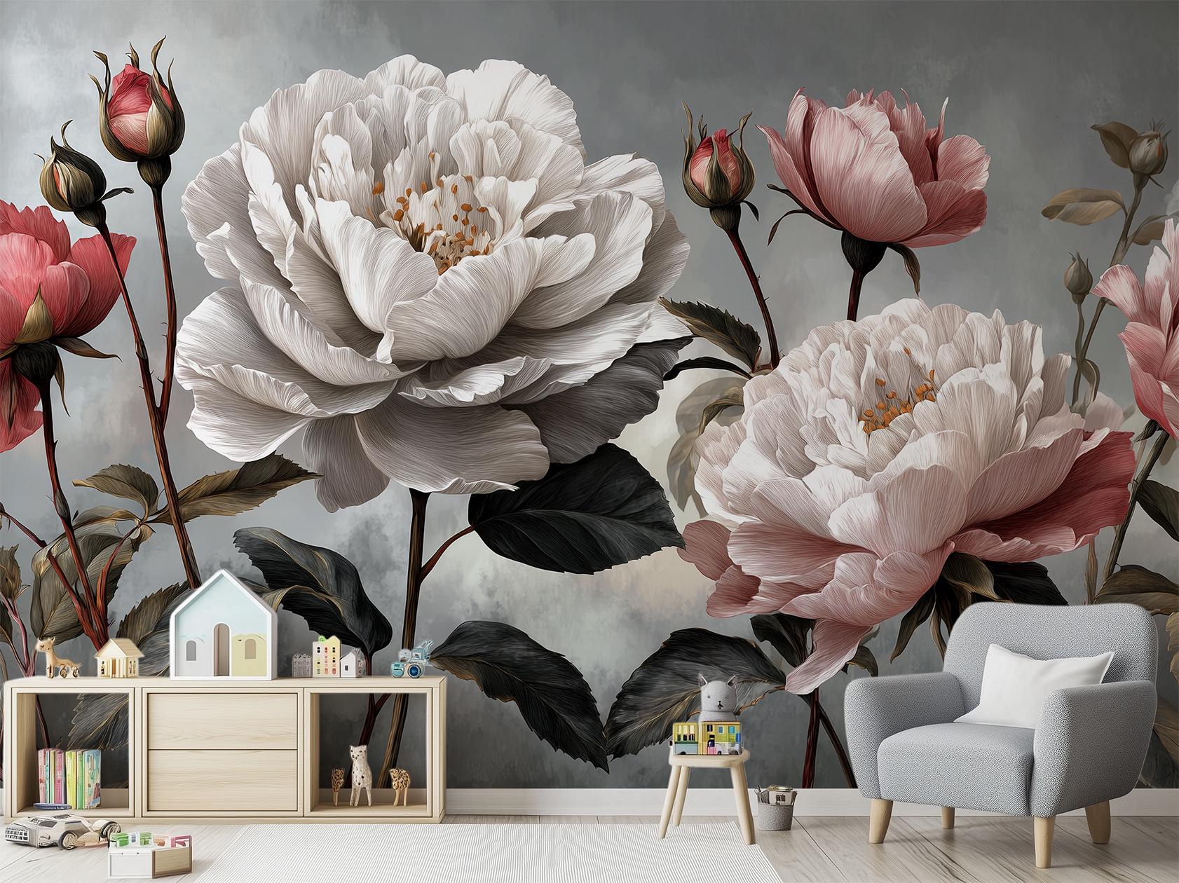 Elegant Dark Floral Oversized Floral Wallpaper – detail view, Golden Era Walls