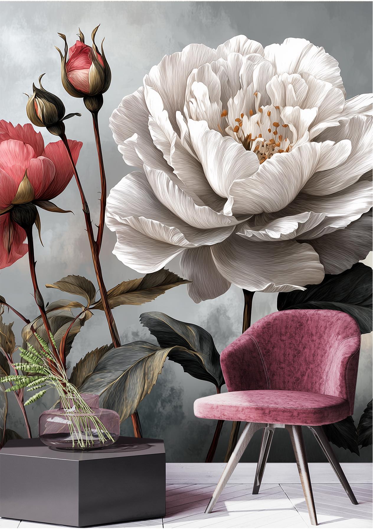 Elegant Dark Floral Oversized Floral Wallpaper – room setting, Golden Era Walls