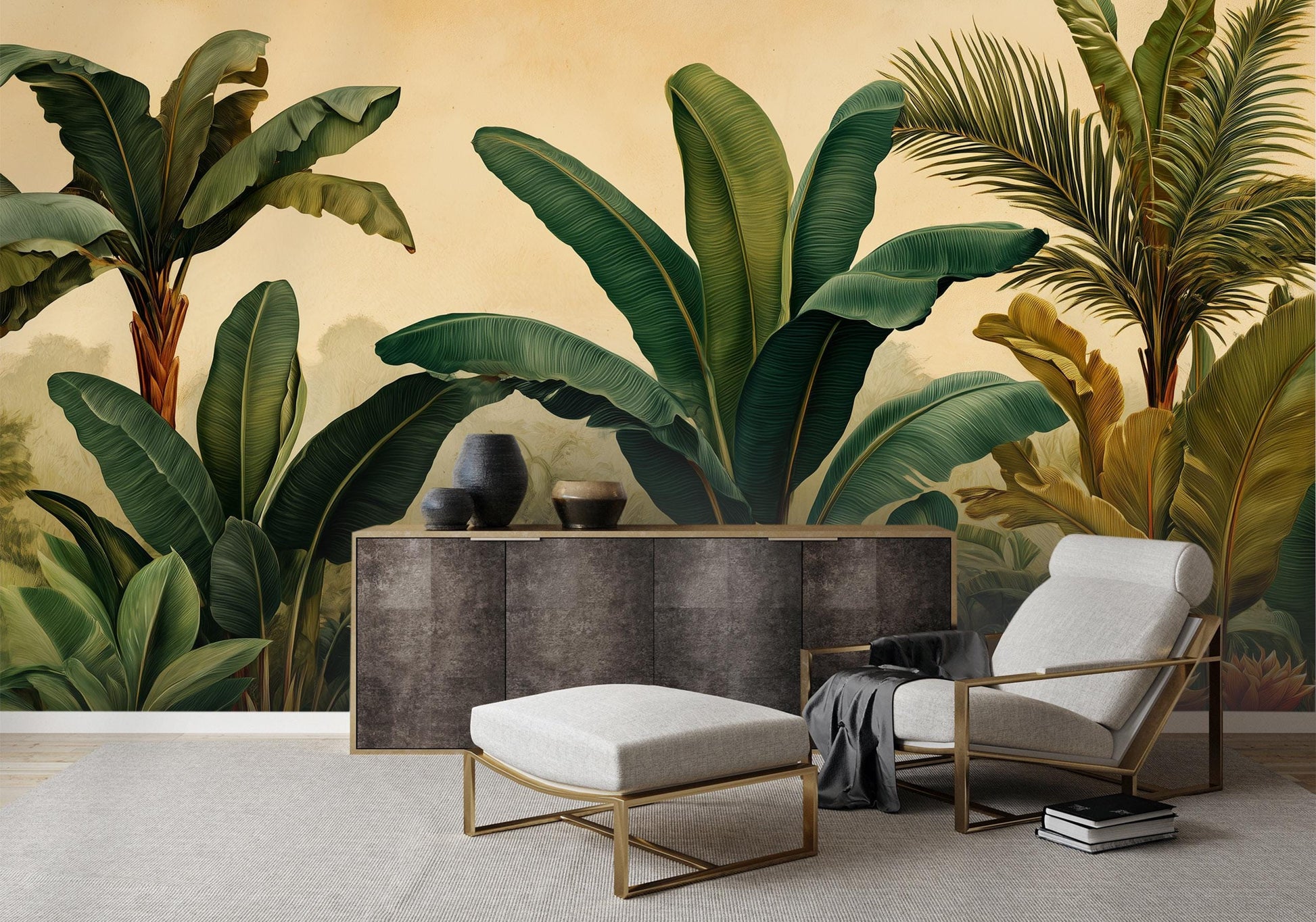 Exotic Jungle Tropical Banana Floral Wallpaper – alternate view, Golden Era Walls