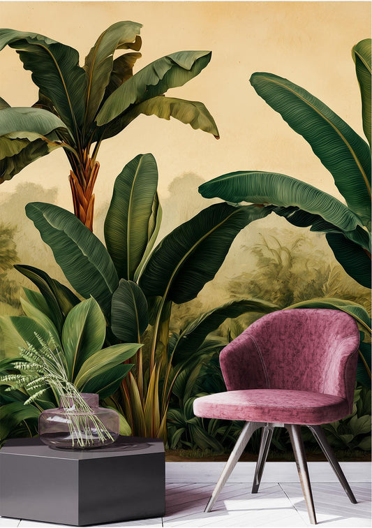 Exotic Jungle Tropical Banana Floral Wallpaper – room setting, Golden Era Walls