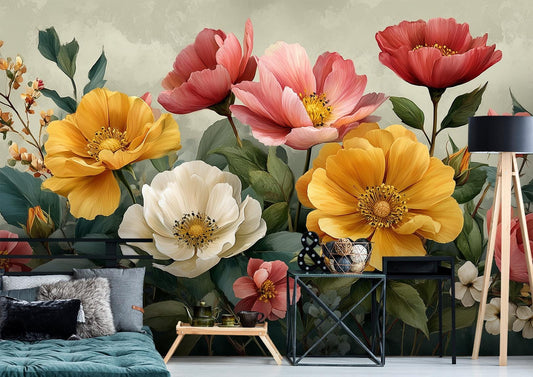 Expressive Watercolor Floral Oversized Floral Wallpaper – peel and stick wallpaper mural, Golden Era Walls