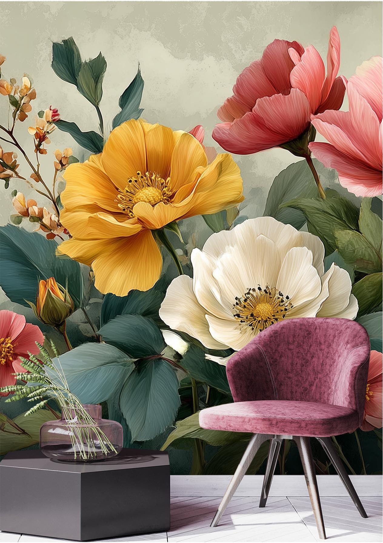 Expressive Watercolor Floral Oversized Floral Wallpaper – room setting, Golden Era Walls