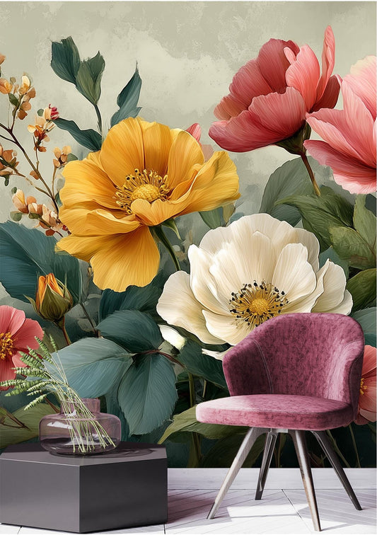 Expressive Watercolor Floral Oversized Floral Wallpaper – room setting, Golden Era Walls