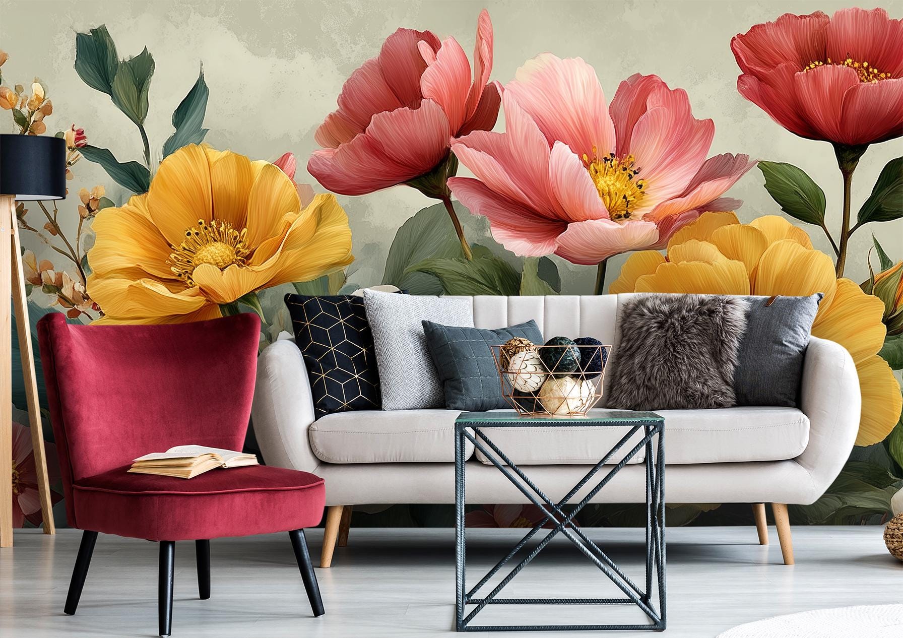 Expressive Watercolor Floral Oversized Floral Wallpaper – scale reference, Golden Era Walls