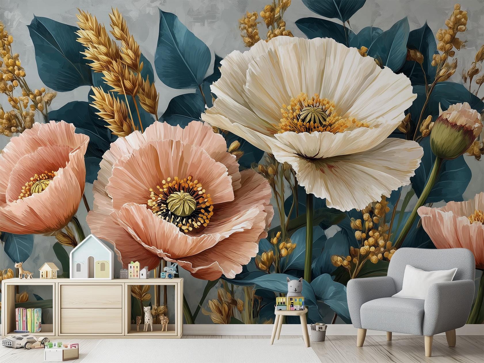 Floral Peach Cream Poppies Floral Wallpaper – alternate view, Golden Era Walls