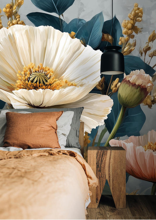 Floral Peach Cream Poppies Floral Wallpaper – detail view, Golden Era Walls
