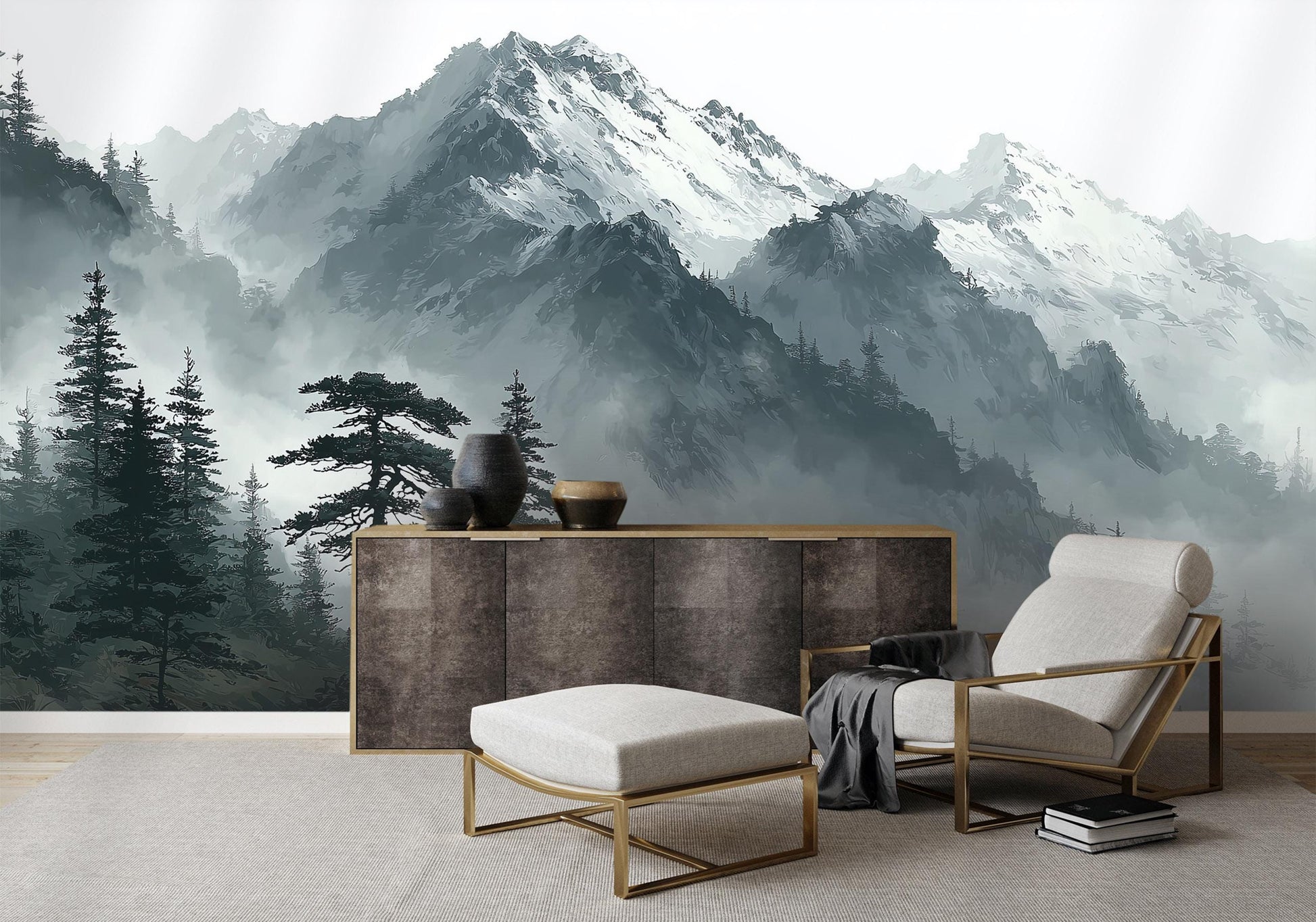 Foggy Mountain Forest Misty Wallpaper – alternate view, Golden Era Walls