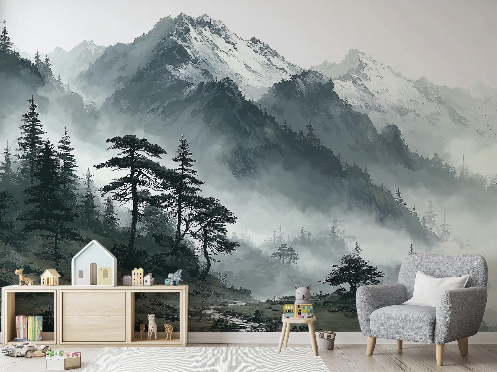 Foggy Mountain Forest Misty Wallpaper – lifestyle view, Golden Era Walls