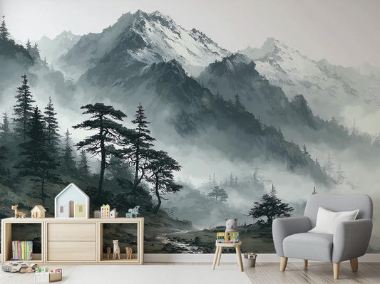 Foggy Mountain Forest Misty Wallpaper – lifestyle view, Golden Era Walls