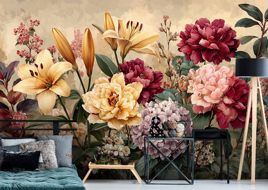 Golden Bloom Elegance Vintage Floral Wallpaper – lifestyle view, Golden Era Walls